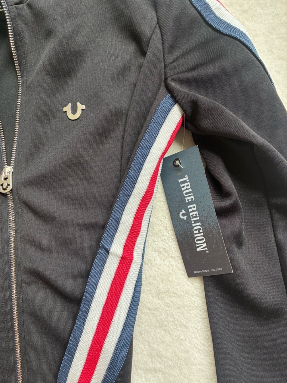 True Religion Black Jacket with Red, White & Navy Stripe Detail